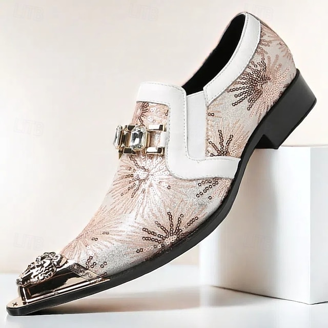  Mocassins em Couro de Vaca Premium Masculinos com Design Floral em Lantejoulas e Detalhe de Fivela de Cristal com Ponta Dourada–Sapatos Slip-On de Luxo para Ocasiões Especiais e Vestuário Noturno