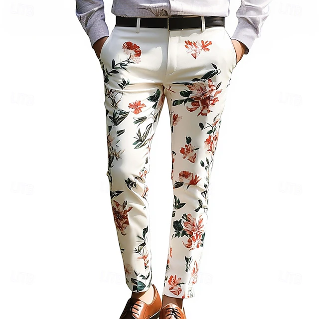 Men's Floral Flowers Dress Pants Trousers Mid Waist Business Casual Outdoor Vacation Streetwear with Pockets Slim Fit Flat-Front Summer Spring 3D Print Beige4
