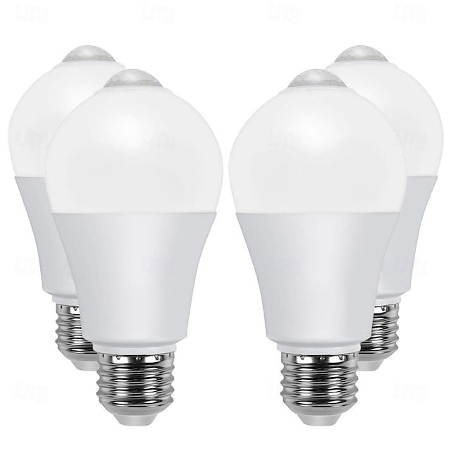  lampadine con sensore di movimento PIR E27 – luci di sicurezza dal tramonto all'alba attivate dal movimento per scale, porta d'ingresso, portico, garage e seminterrato 4 pezzi