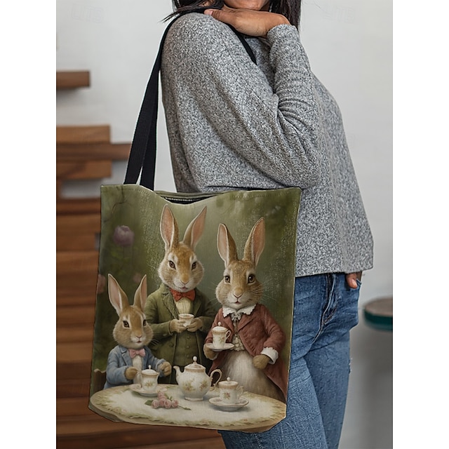  Women's Whimsical Bunny Themed Tote Bag - Vintage Tea Party Illustration, Durable Canvas, Perfect for Easter, Spring Outings