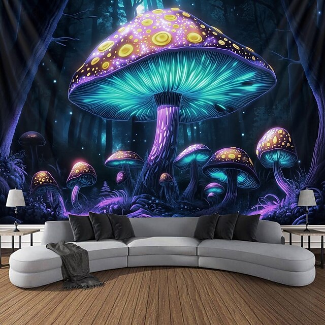  ブラックライト タペストリー グローインザダーク グローパーティー UV 反応 トリッピー ミスティ キノコ 自然風景 吊り下げタペストリー 壁アート 壁画 リビングルーム 寝室