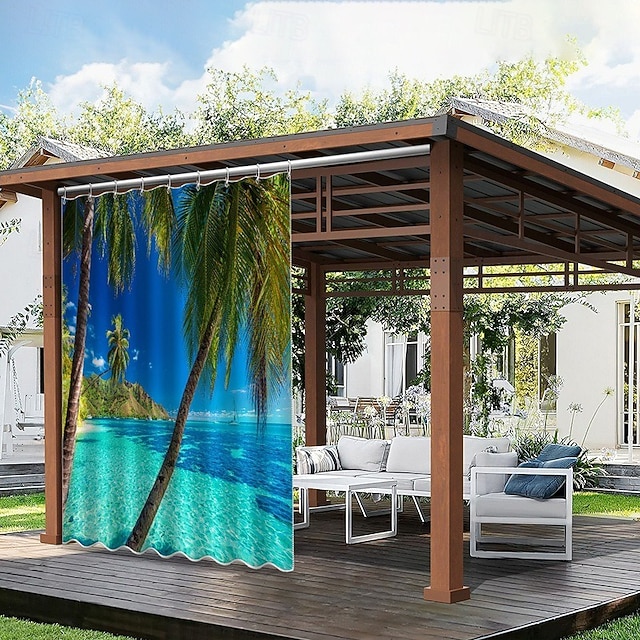  Waterproof Outdoor Curtain Privacy, Sliding Patio Curtain Drapes, Pergola Curtains Grommet 3D Landscape Beach For Gazebo, Balcony, Porch, Party, 1 Panel