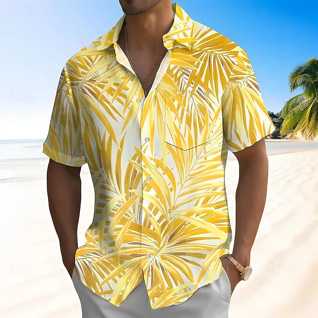 Men's Leaf Tropical Plants Summer Hawaiian Shirt Button Up Shirt Aloha Shirt Short Sleeve Hawaiian Resort Vacation Holiday Beach Wear Summer Spring Turndown Collared Shirts Yellow4