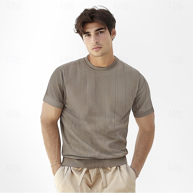  Men's T Shirt Short Sleeve Crew Neck Summer Spring Vertical Stripes Knitwear Elegant Vacation Knitting School Vacation Home Dark Red Black White Top Tee for Men