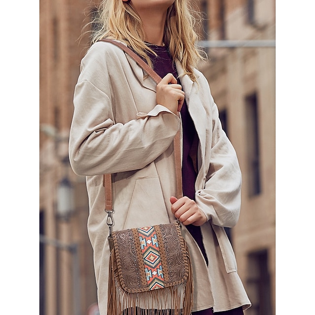  Women's Crossbody Bag Crossbody Bag Shoulder Bags PU Leather Holiday Casual Daily Rivet Tassel Zipper Large Capacity Patchwork National Totem Dark Brown