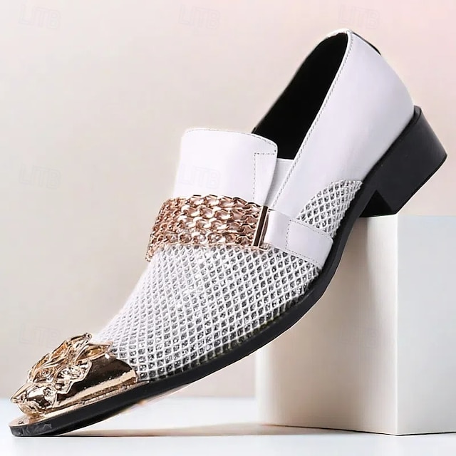  slip-on loafers i vit premiumkohud för män med metallisk kedja i roséguld och dekorativ tå, snygga vardagsskor för formella och semi-formella tillfällen