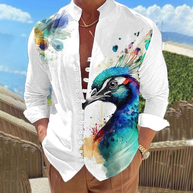  Men's Flamingo Bird Peacock Shirt Linen Shirt Summer Hawaiian Shirt Long Sleeve Casual Vacation Holiday Beach Wear Summer Spring Standing Collar 3D Print Button-Down Pink Blue