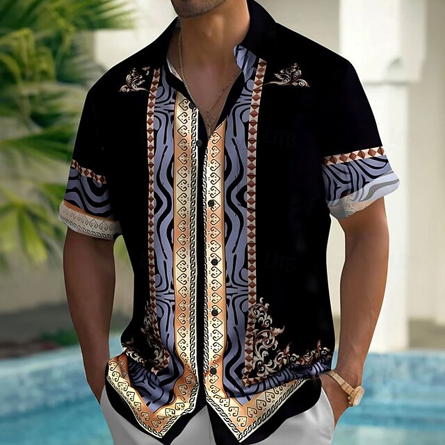 Men's Geometric Pattern Ethnic Shirt Button Up Shirt Short Sleeve Vintage Retro Vacation Streetwear Beach Wear Summer Fall Turndown 3D Print Collared Shirts Front One Pocket Black4