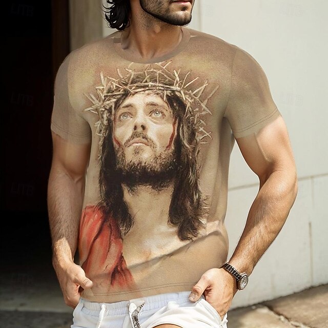 Easter Men's Jesus T Shirt Short Sleeve T shirt 3D Print Crew Neck Shirt Fashion Daily Street Daily Khaki Summer Spring Clothing Apparel S M L XL XXL XXXL4