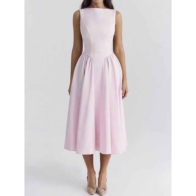  Retro Vintage 1950s Midi Dress Flare Dress Spaghetti Strap Corset Solid Color A-Line Slash Neck Women's Masquerade Wedding Vacation Tea Party Adults' Dress