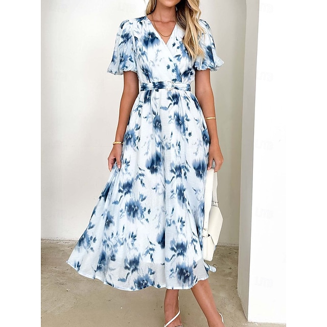  Retro Vintage 1950s Midi Dress Wrap Dress Flare Dress Puff Sleeve Floral A-Line V Neck Women's Masquerade Wedding Vacation Tea Party Adults' Dress