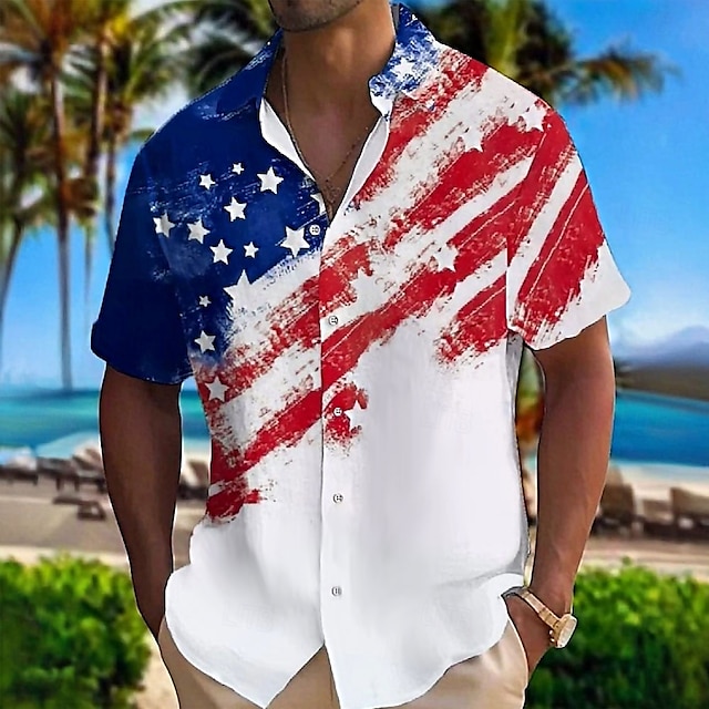  Herr Amerikanska amerikanska flaggan Patriotisk Skjorta Knapp upp skjorta Kortärmad Mode Casual Semester Helgdag Standkläder Sommar Vår Nedvikt 3D-utskrift krage skjortor Vit