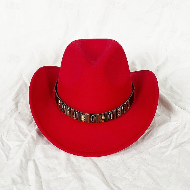  Sombrero de vaquero occidental con cinturón de metal para hombres y mujeres, sombrero de vaquero de jazz con ala ancha de cuero, sombrero de iglesia, sombrero de vaquera