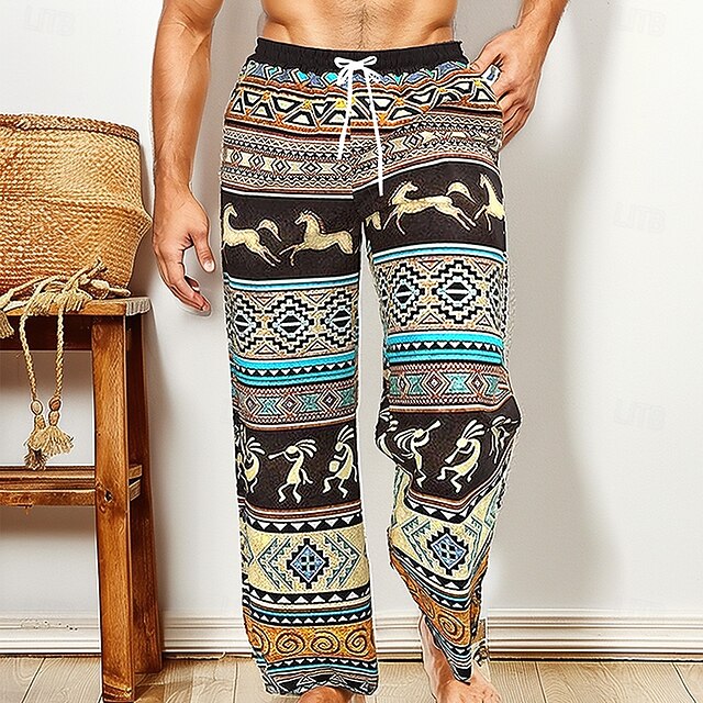 Men's Ethnic Kokopelli Trousers Baggy Pants Casual Pants Mid Waist Vintage Retro Tribal Vacation Holiday Beach Wear Drawstring Elastic Waist Wide Leg Summer Spring 3D Print Black4