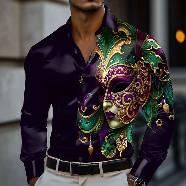  Mardi gras Férfi Maszk Farsang Szatén ing Ing Gombos póló Hosszú ujj Alkalmi divat Szabadság Nyár Tavasz Térfogatcsökkenés Galléros ingek 3D nyomtatás Bíbor