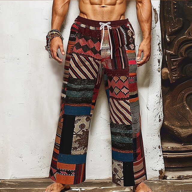 Men's Color Block Patchwork Ethnic Trousers Baggy Pants Casual Pants Mid Waist Hawaiian Vintage Retro Outdoor Holiday Drawstring Elastic Waist Wide Leg Summer Spring 3D Print Wine4