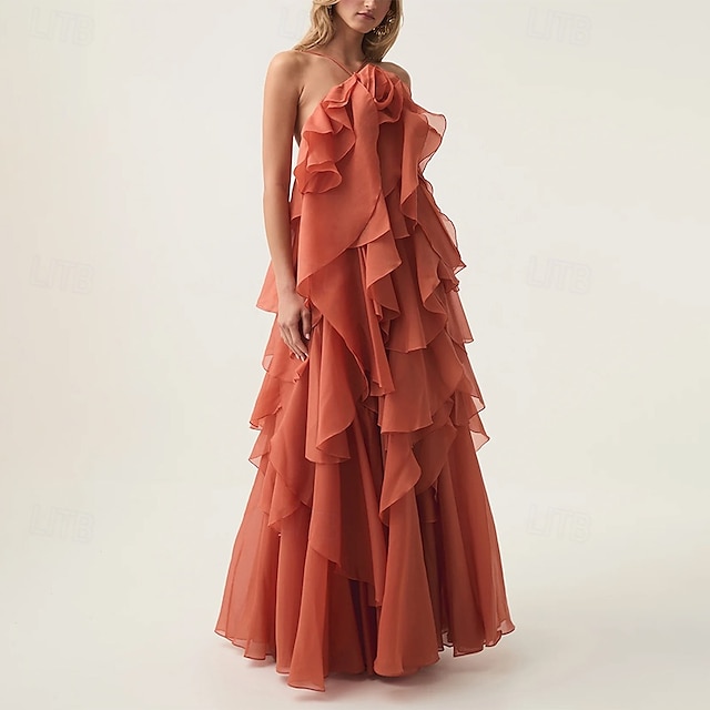  Robe de Soirée A-Line Élégante Robe de Soirée Formelle Longueur de Sol Sans Manches Col Halter Organza avec Fleurs et Volants
