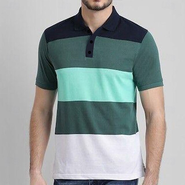 Men's Stripes Rugby Polo Short Sleeve Polo Shirts Collared Shirts Casual School Outdoor Sports Daily Wear 3D Print Summer Green4