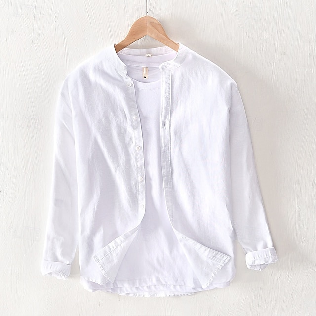  Per uomo Camicia Camicia di lino Camicia casual Camicia con Bottoni Camicia di cotone Semplice Vacanza Camicia hawaiana Bianco Blu marino Cachi Grigio Manica Lunga Colletto alla coreana Primavera