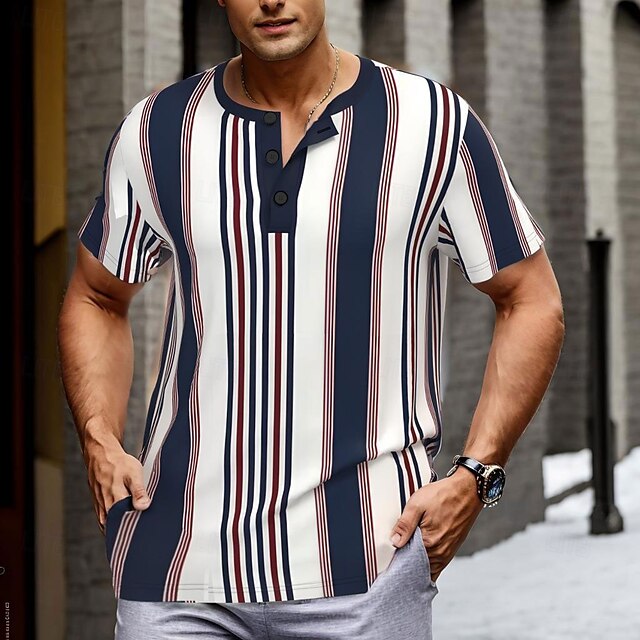  Men's Geometric Stripes T Shirt Henley Shirt Short Sleeve Designer Retro Vintage Street Casual Daily Summer Spring Navy Blue Henley Henley T-Shirt