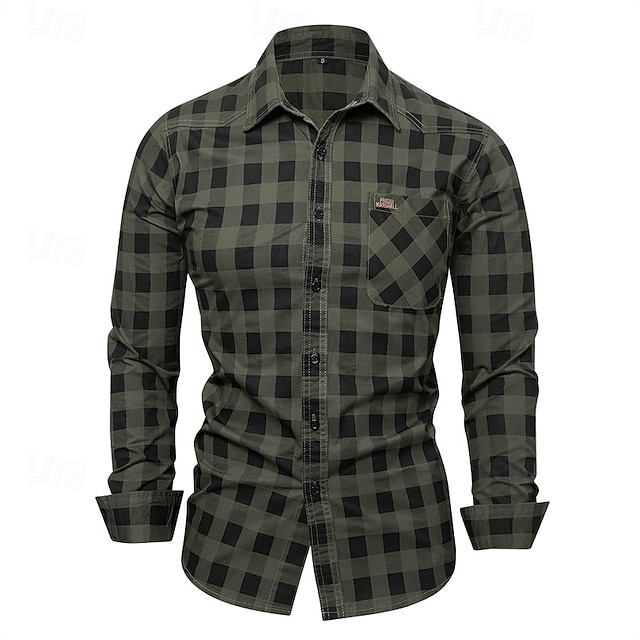  Herren Hemd Sommerhemd Freizeithemd Knopfhemd Kaki Armeegrün Langarm Karomuster Revers Urlaub Hawaiianisch Button-Down Bekleidung 100% Baumwolle Mode Lässig Bequem