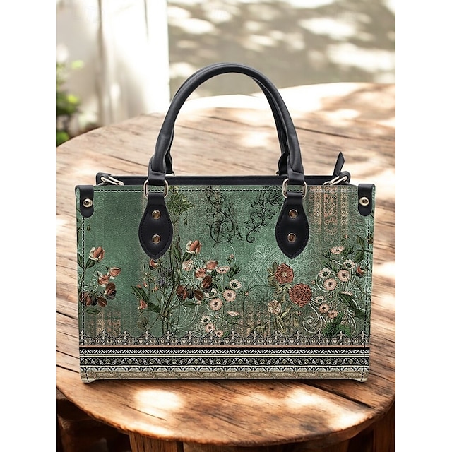  naisten vintage etninen toteemi kukkakuvioinen kantolaukku mustalla nahkakahvalla - elegantti brodeerattu muotoilu, täydellinen päivittäiseen käyttöön, arki- tai puolimuodollisiin tilaisuuksiin musta sininen vihreä