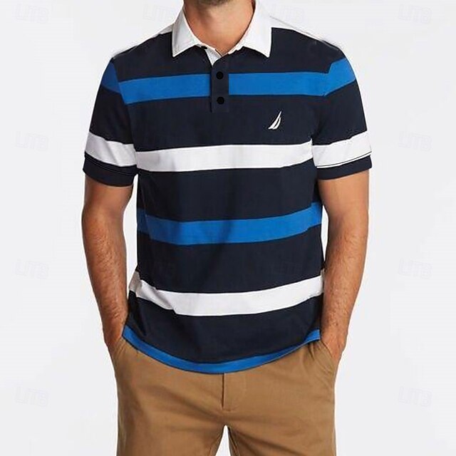 Men's Striped Rugby Polo Short Sleeve Polo Shirts Collared Shirts Casual School Outdoor Sports Daily Wear 3D Print Summer Spring Fall Blue4