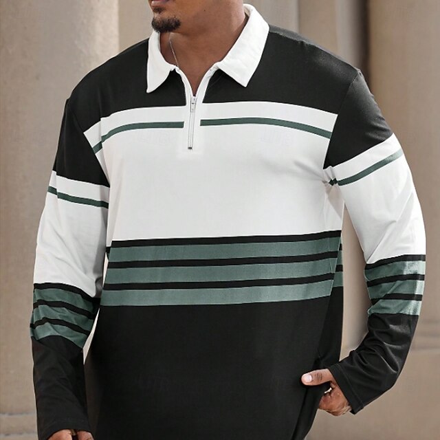 Men's Striped Zip Polo Long Sleeve Turndown Sport Casual Daily Outdoor Sports & Outdoor Dailywear Zipper Spring Fall Winter Black4