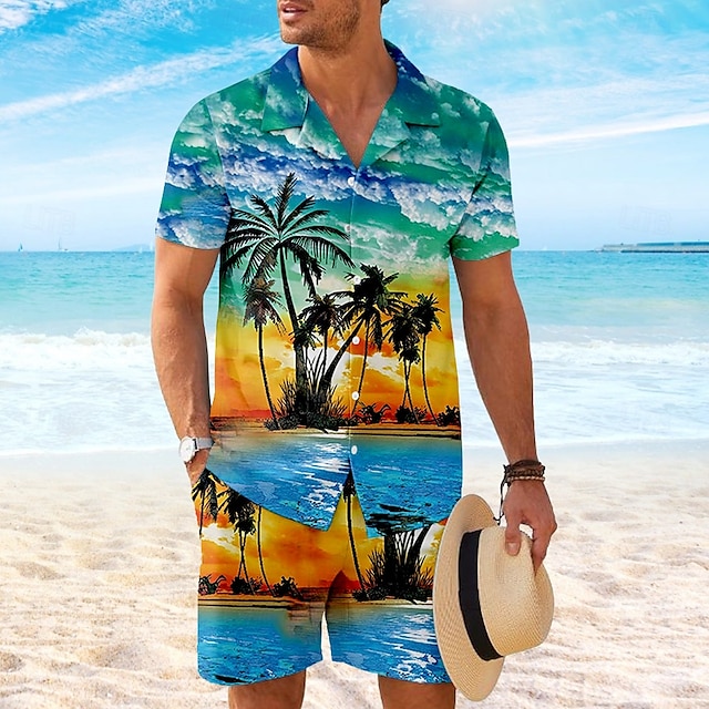  Férfi Kókuszpálma 2db Ingek készletek Ing Rövid ujjú Rövid nadrág Kubai nyakörv Szabadság Hawaii Parti Hétköznapi Napi 3D nyomtatás Nyár Robin Tojáskék Sárga