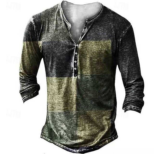 Men's Faux Patchwork Pattern T Shirt Henley Shirt Tee Long Sleeve Vintage Designer Stylish Outdoor Daily Sports Spring & Summer Brown Green Red Henley Henley T-Shirt4