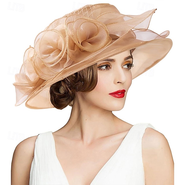  cappello da chiesa da donna Kentucky Derby con tesa larga, cappello da sposa con fiori e foglie
