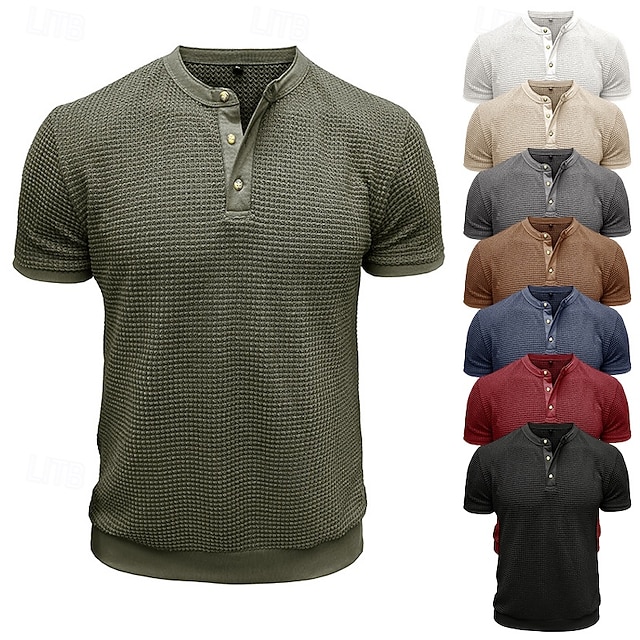  Herre Vaffel Henley-skjorte Henly-skjorte Strikk T-skjorte Kortermet Helfarge عادي Strikketøy Fritid hverdag Knapper Strikket Henley utendørs Avslappet Daglig Sommer Vår & Vinter Svart Hvit Grå