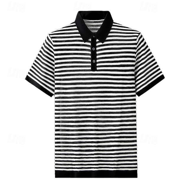  Men's Polo Knit Polo Sweater Business Casual Lapel Short Sleeve Formal Stripes Buttons Summer Black Light Green Dark Green Brown Polo