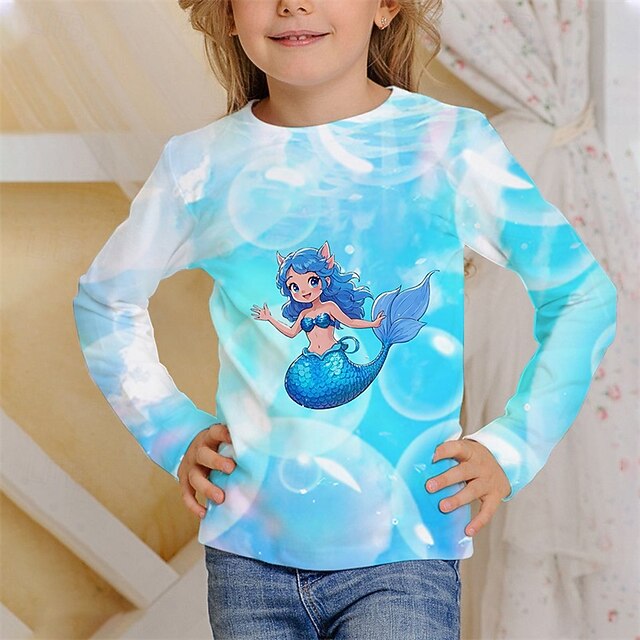  Flickor 3D Grafisk Sjöjungfru T-shirt Långärmad Vår Höst Mode Grundläggande Barn 4-12 år Rund hals Utomhus Ledigt Dagligen Normal