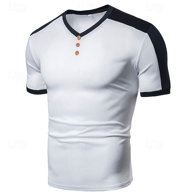  Herren T-Shirt mit Knöpfen T Shirt T-Shirt Kurzarmshirt Kurzarm V Ausschnitt Sommer Frühling Farbblock Mode Designer Basic Knöpfe Urlaub Straße Ausgehen Schwarz Weiß Wein Top T-Shirt für Herren