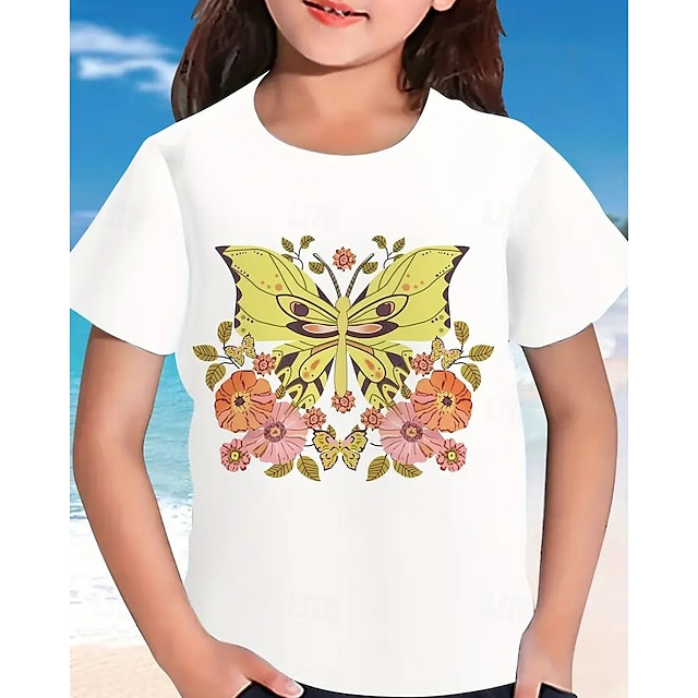  Girls' 3D Graphic Butterfly T shirt Tee Short Sleeve Summer Spring Fashion Basic Kids 4-12 Years Crew Neck Outdoor Casual Daily Regular Fit