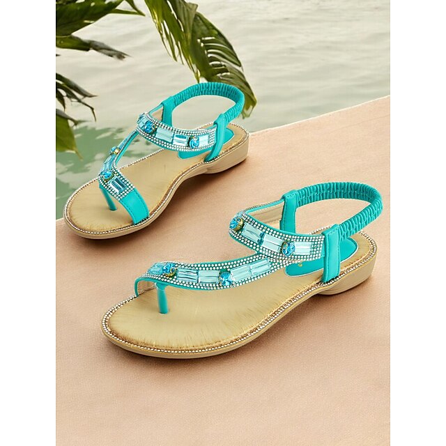  sandales à bride en T ornées de strass turquoise pour femmes – sandales plates à bride arrière élastiques bohèmes pour la plage d'été et les vêtements décontractés