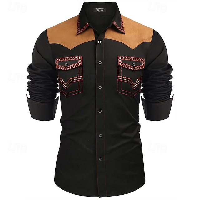  Herren Hemd Sommerhemd Freizeithemd Knopfhemd Hellkaki Schwarz Rote Marineblau Blau Langarm Farbblock Revers Urlaub Hawaiianisch Button-Down Bekleidung Baumwollmischung Mode Lässig Bequem