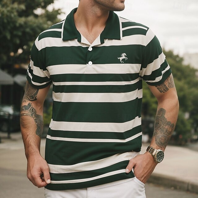 Men's Striped Rugby Polo Short Sleeve Polo Shirts Collared Shirts Casual School Outdoor Sports Daily Wear 3D Print Summer Green4