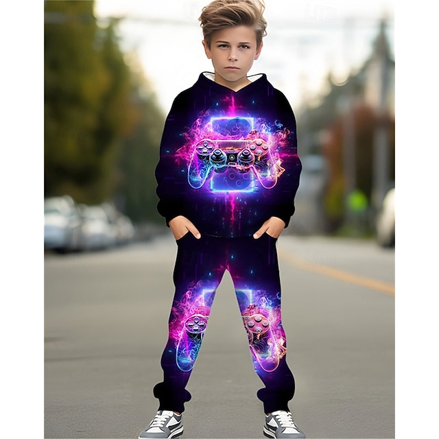  Boys 3D Graphic Game Hoodie & Sweatpants Set Sports Suit Tracksuits Long Sleeve Spring Fall Daily Basic Casual Kids 4-12 Years Hooded Outdoor Vacation Sports Tailored Fit