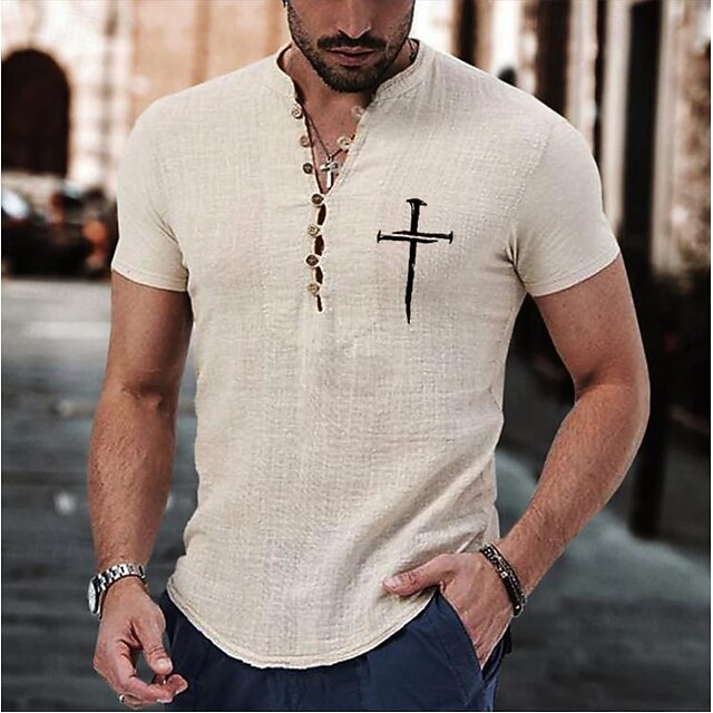 Men's Shirt Popover Shirt Summer Shirt Casual Shirt Beach Shirt Button Up Shirt Wine khaki Gray Short Sleeve Classic Cross Band Collar Henley Vacation Hawaiian Buckle Clothing Apparel Fashion Casual4