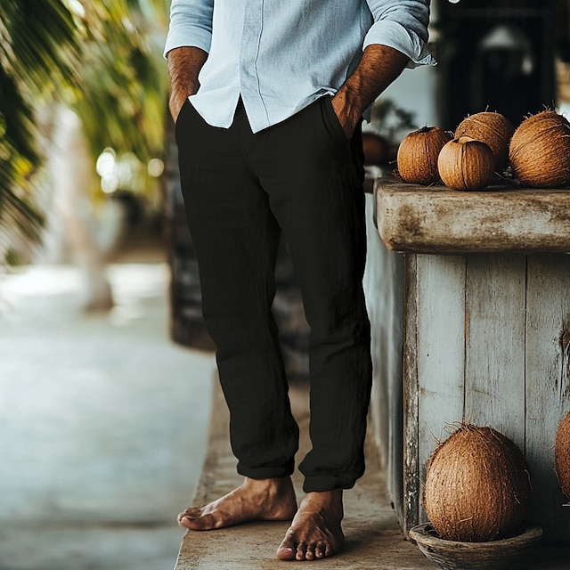  Bărbați Pantaloni de in Pantaloni Pantaloni de vară Pantaloni de plajă Buzunar Talie elastică Cordon Simplu Confort Respirabil Lungime totală În aer liber Zilnic Concediu Modă Retro / vintage Negru