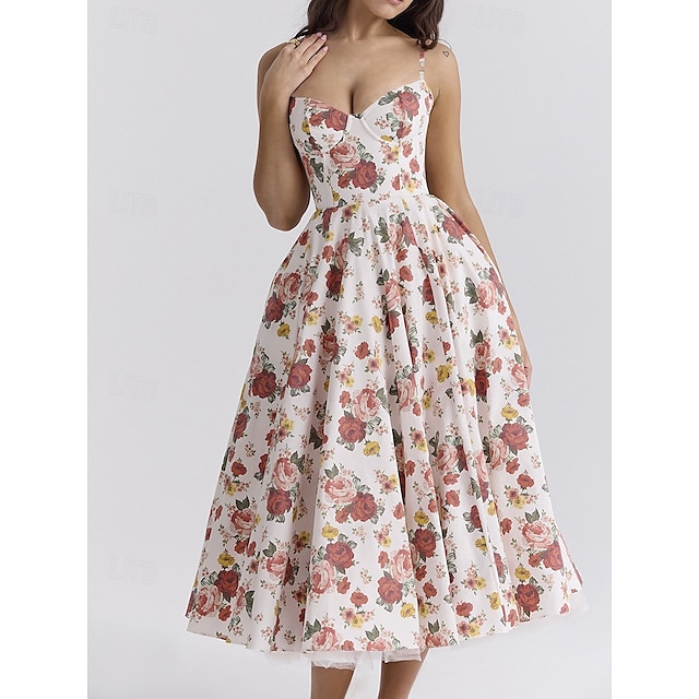  Retro Vintage 1950s Midi Dress Flare Dress Spaghetti Strap Corset Floral A-Line Women's Masquerade Wedding Vacation Tea Party Adults' Dress