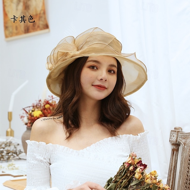  Chapeau de soleil à large bord en organza pour femme, chapeau de style Derby, pour mariage, thé, église