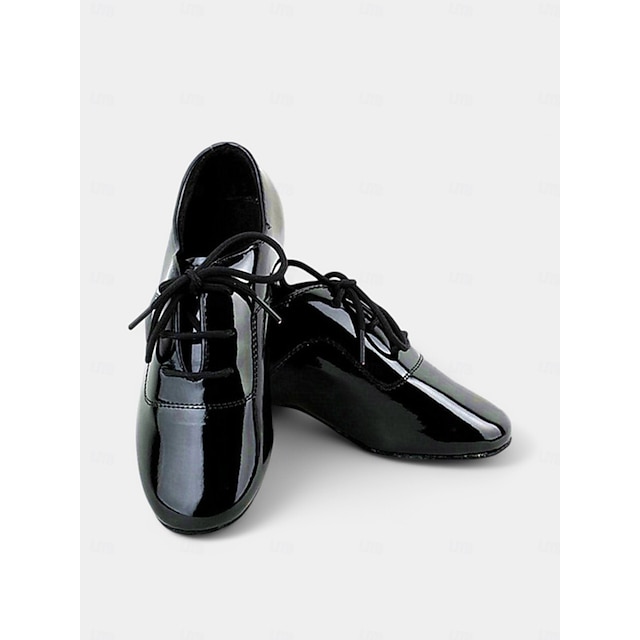  sapatos de dança de couro envernizado para crianças para meninos e meninas com fecho de cadarço - calçados confortáveis para dança de salão, latina e social