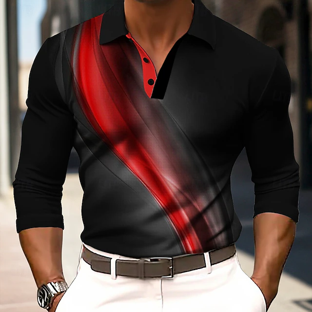 Men's Line Waffle Polo Shirts Long Sleeve Polo Shirts Collared Shirts Business Casual Outdoor Party Evening Wear Streetwear Buttons Black4