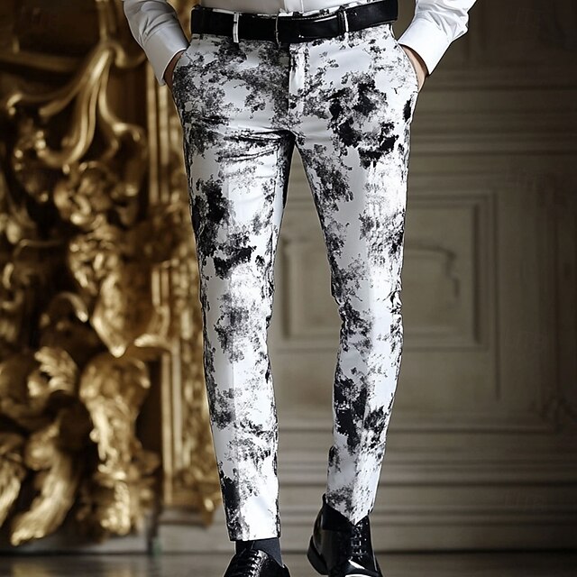Men's Tie Dye Dress Pants Trousers Mid Waist Business Casual Outdoor Vacation Streetwear with Pockets Slim Fit Flat-Front Summer Spring 3D Print White4