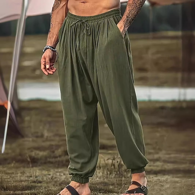  Men's Joggers Linen Pants Trousers Summer Pants Beach Pants Pocket Drawstring Elastic Waist Plain Comfort Breathable Full Length Casual Daily Holiday Fashion Retro Vintage Green Khaki