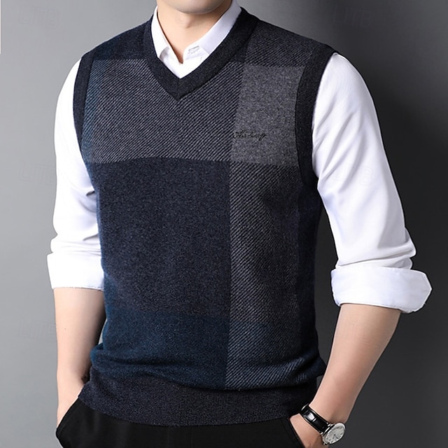  Herren Pullunder Stricken V-Ausschnitt Kariert Karomuster V Ausschnitt Strickware Elegant Schule Formell Bekleidung Frühling Herbst Dunkelgrün Hellgrau S M L
