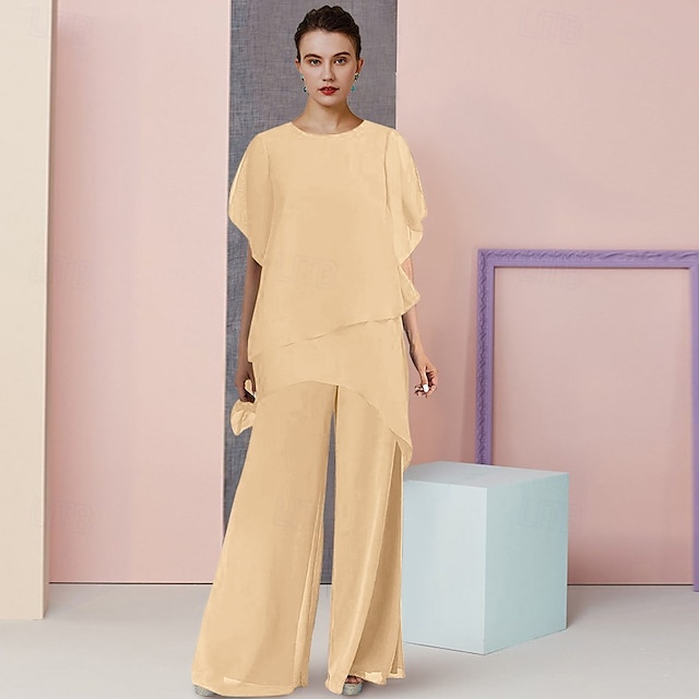  Two Piece Jumpsuit / Pantsuit Mother of the Bride  Wedding Guest Elegant Plus Size Scoop Neck Floor Length Chiffon Short Sleeve with Solid Color free custom size